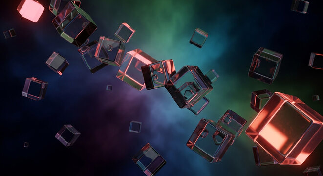 Floating crystal cubes showcase modern tech innovation, with vibrant colors and unique digital design elements creating a captivating futuristic atmosphere