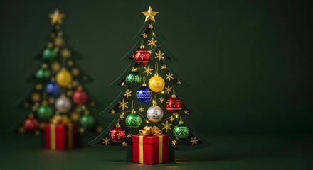 A festive holiday scene featuring a stylized Christmas tree adorned with colorful ornaments and gifts.