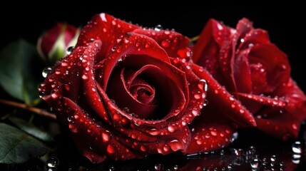 Red rose with water droplets in dark background macro photography