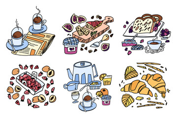 A large collection of European breakfast. Pastries, toast, tea, eggs, fruits, jams in a doodle style