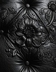 Obraz premium Close-up of black tufted leather with intricate embossed floral patterns and buttons