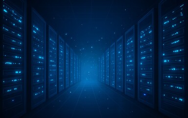 Futuristic Data Center Corridor with Blue Server Racks