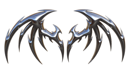 3D Chrome Tribal Metal Wings • Sharp Glossy Metallic Tattoo Icon • Futuristic Silver Abstract Shape Design for Cyber Gothic Art