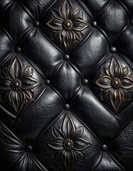 Obraz premium Black tufted leather with ornate bronze floral studs in a diamond pattern