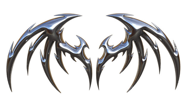 3D Chrome Tribal Metal Wings &bull; Sharp Glossy Metallic Tattoo Icon &bull; Futuristic Silver Abstract Shape Design for Cyber Gothic Art