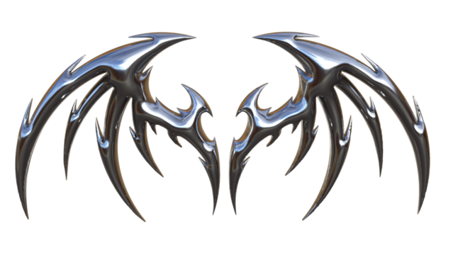 3D Chrome Tribal Metal Wings • Sharp Glossy Metallic Tattoo Icon • Futuristic Silver Abstract Shape Design for Cyber Gothic Art