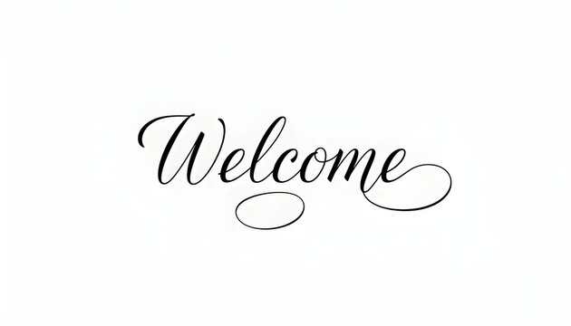 Elegant "Welcome" text in beautiful script on a clean white background, conveying a warm greeting.