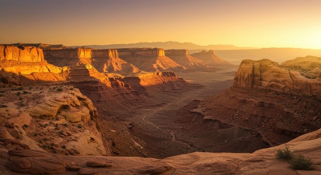 Majestic rock formations showcase deep canyons bathed in warm sunset light - Powered by Adobe