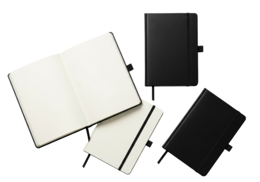 Three sleek minimalist black notebooks: one open with blank cream pages, one closed with elastic, one showing back pocket, on a stark white background. Concept of structured thought