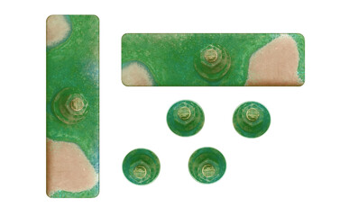 Copper screws with fixing support, covered with patina. On isolated transparent background. 