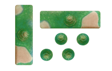 Copper screws with fixing support, covered with patina. On isolated transparent background. 