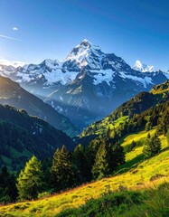 Fototapeta premium Majestic snow-capped mountain peak overlooking a lush, sunlit green valley