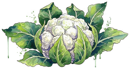 Vibrant watercolor cauliflower with lush green leaves for healthy eating campaigns or farm-to-table designs, adding fresh, organic appeal to any creative project