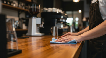 Barista cleaning wooden counter with cloth in modern cafe
