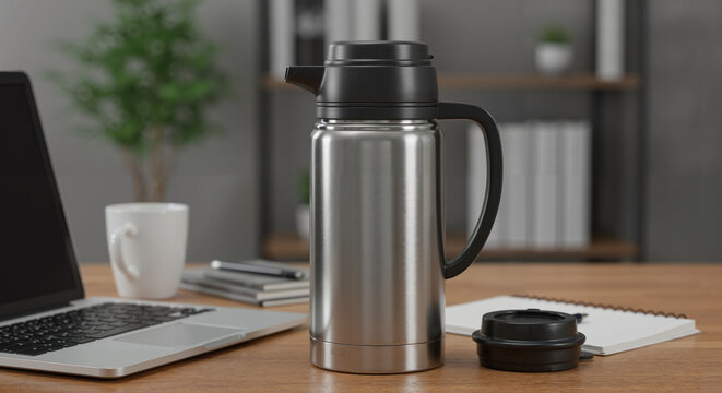 Stainless steel thermos on wooden desk beside laptop and notebook  