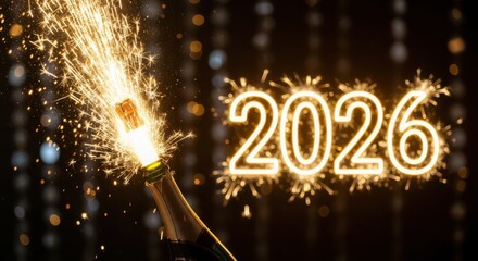 Champagne bottle sparkler celebrates new year 2026 with bright light