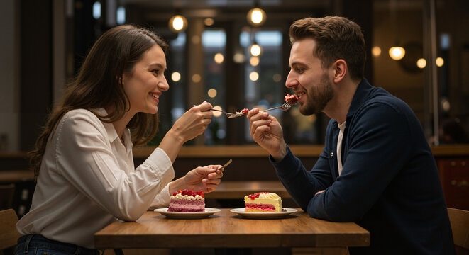 Young couple enjoying dessert at cozy cafe while feeding each other  