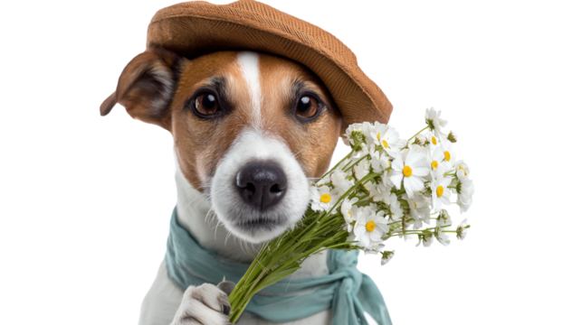 Ai playful dog wearing a hat and scarf while holding a bouquet of flowers
