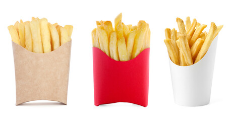 Tasty French fries in paper takeout containers isolated on white, set