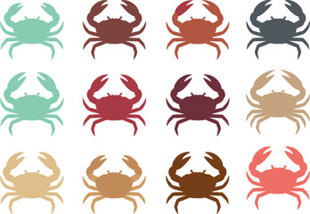 Crab cartoon vector set, colorful silhouette grid, marine animal icon, flat illustration, side view, design asset, sea creature
