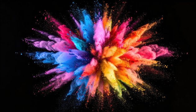 Vibrant explosion of multicolored powder against a solid black background