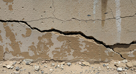 Obraz premium Cracked concrete wall with exposed texture and dirt at the base 