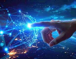 Hand touching a glowing digital network plexus over Earth from outer space