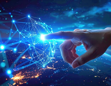 Hand touching a glowing digital network plexus over Earth from outer space - Powered by Adobe