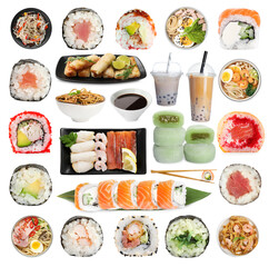 Asian food and drink isolated on white, collection