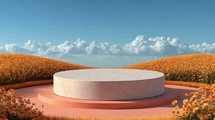 Round podium stage in a field of orange flowers, blue sky with clouds behind. Use it for product display, beauty, spring themes, and outdoor advertising.
