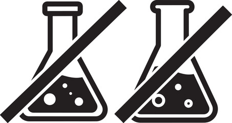 Two chemical flasks with diagonal bars indicating prohibition silhouette