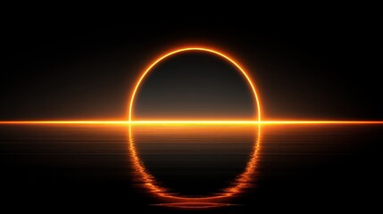 Neon orange circle reflects on a dark rippled surface, abstract. Use as a background for technology, space, or modern concepts.