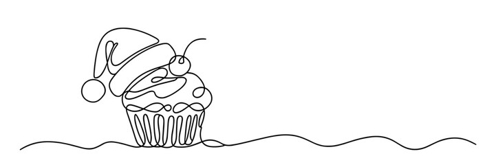 Minimalist line art cupcake with Santa hat for Christmas on transparent background
