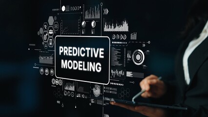 Business Professional Engaging with Predictive Modeling and Data Analytics Visualization in Dark Setting. Asymptotic smart data analytic.