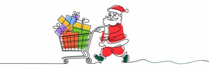 Santa Claus pushing shopping cart full of Christmas gifts, Santa shopping single line art with color accents