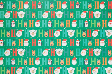 green Christmas background with santa claus and bear and penguin,seamless pattern with santa claus and bear and penguin on green background,Christmas wrapping paper, Xmas pattern backgroung