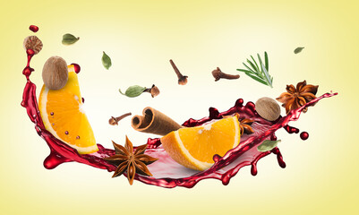 Mulled wine splash, spices and orange slices on yellow background