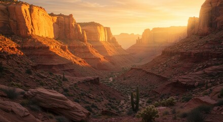 Towering sedimentary rock formations glow under warm sunlight within a deep arid canyon vista