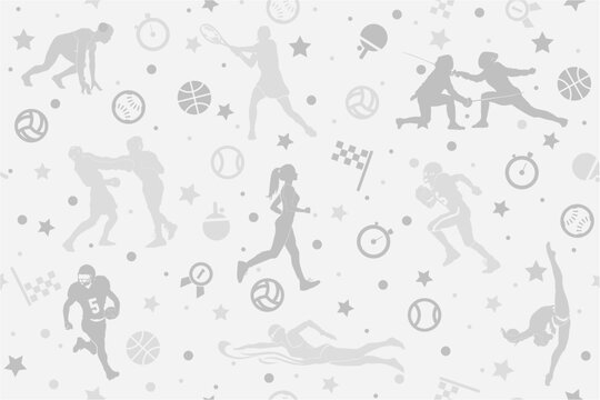 Pattern, seamless texture, athletes, various Olympic sports, vector graphics. Gray background