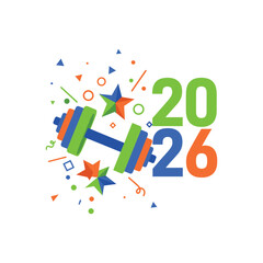 Happy new year 2026 illustration with dumbbell and confetti