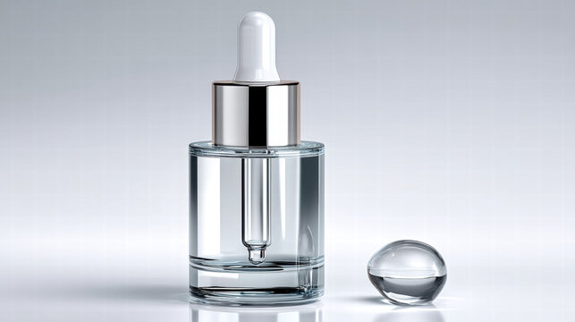 Water purity symbol for skincare branding with clear serum bottle and dropper on white background