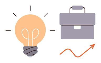 Lightbulb icon radiating ideas, a professional briefcase symbolizing work, and an upward arrow for growth. Ideal for success, progress, strategy, innovation, planning, entrepreneurship simple flat
