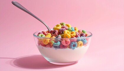 White bowl of milk with colorful ring-shaped cereal and spoon, pink background, scattered cereal pieces.