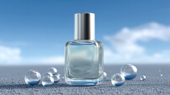Water purity symbol for skincare branding with clear glass bottle and water droplets on textured surface