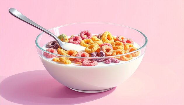 White bowl of milk with colorful ring-shaped cereal and spoon, pink background, scattered cereal pieces. - Powered by Adobe
