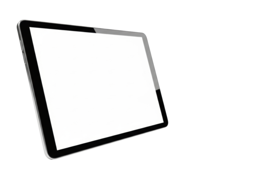 Sleek, modern black tablet pc with a blank, reflective screen, positioned at a 3/4 angle on a transparent background, creating significant copy space, concept of untapped digital potential