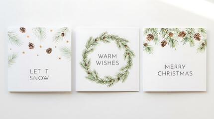 Winter nature design greeting cards template, circle frame, text Let it Snow, Warm Wishes, Merry Christmas, white background. Green pine, fir twigs, cones, stars.