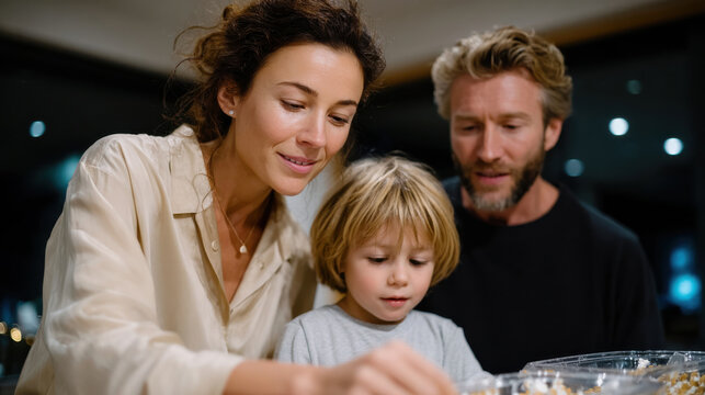 This image captures a family joyfully engaged in baking holiday treats in a modern kitchen, emphasizing the warmth of familial love and shared culinary creativity.