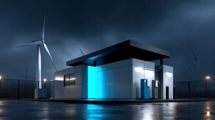 Wind turbine near modern hydrogen plant building at night with dark sky and blue light