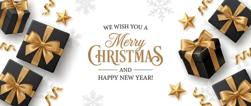 Merry Christmas and Happy New Year light background template with gold glitter decoration elements and calligraphy - Powered by Adobe